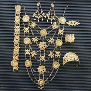 Mode Dubai Grands Bijoux Ensemble Collier Chaîne Collier Boucles d'oreilles Corsage Ceinture Bracelet Couronne Six Piece Femme algérienne Mariage Bijoux H1022