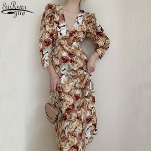 Mode Vroege Herfst Winter Vintage Hoge Taille Drie Kwart Mouw Vrouwen Jurk Inkt Schilderen Sexy V Kraag Vrouw 12152 210427