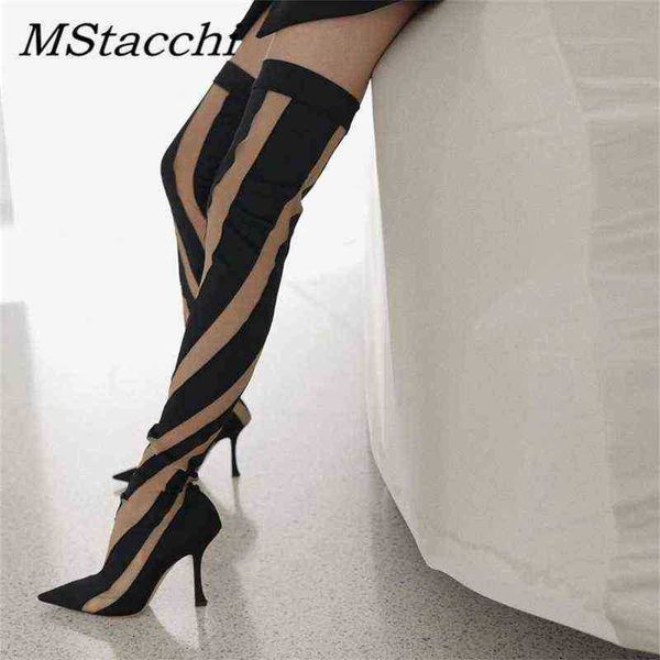 Mode élastique tissu femmes cuissardes bottes bout pointu talons aiguilles chaussures sur le genou chaussettes 220729