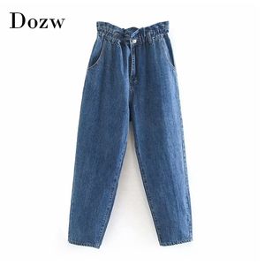Mode elastische hoge taille jeans dames streetwear blauwe denim broek casual zakken geplooide moeder volledige lengte broek 210515