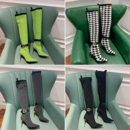 Mode élastique tricoté tissu Stiletto bottes au genou lettre de luxe brodé bottes chaussettes pointues Designer femmes RAVEN MONOGRAMMED MONETA MESH KNIT CUISSES-HAUTES BOTTES