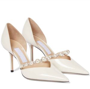 Zapatos de vestir de novia elegantes de moda Zapatos de tacón Aurelie Sandalias de dama Correa de perlas Marcas de lujo Tacones altos con punta en punta Zapato para caminar blanco para mujer con caja, EU35-42