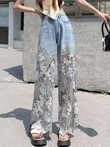 Fashion Jeans élégants pour femmes hautes tailles dentelle patchworl creux de pantalones irrégulières de mujer occasionnel lâche tous les pantalons de match