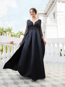 Moda elegante señoras mujeres manga larga cintura alta encaje Slim Fit cuello en V fiesta Formal Split Maxi vestido negro/rojo vino