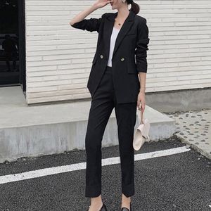 Mode élégant pantalon costume tenue de bureau 2 pièces ensemble femmes Double boutonnage solide Blazer veste pantalon dame costumes 210421