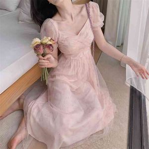 Mode Elegante Puff Sleeve Mesh Holiday Long Fairy Dress Dames Casual Party Beach Summer Princess Robe Femme 210514