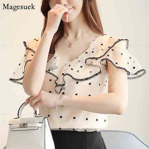 Mode elegante ruches polka dot chiffon shirt vrouwen v-hals losse zomer kant blouse korte mouw casual dame tops blusas 0820 210512