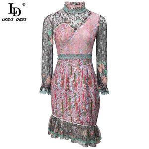 Mode elegante vintage zeemeermin jurk vrouwen lange mouw kant borduurwerk print designer zomer mini vestidos 210522