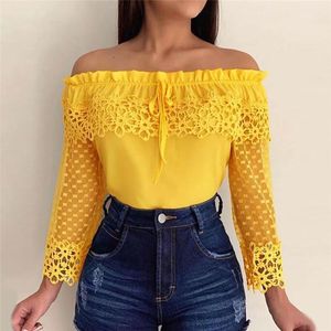Mode elegante vrouwen shirt haak slank tops kant patchwork borduurwerk negen kwart mouw kantoor geel blouse
