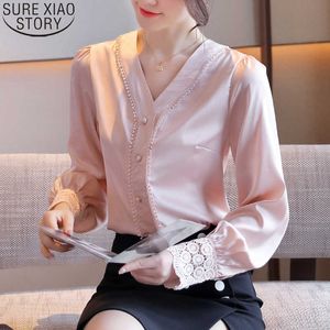 Mode femmes élégantes chemises douce dentelle à manches longues Blouse automne col en v Simple tempérament rose chemise haut pour femme 11403 210528