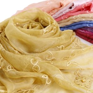 Mode broderie perles écharpe femmes couleur unie châles miroitant foulards en soie douce wrap bandeau mode islamique hijabs musulmans