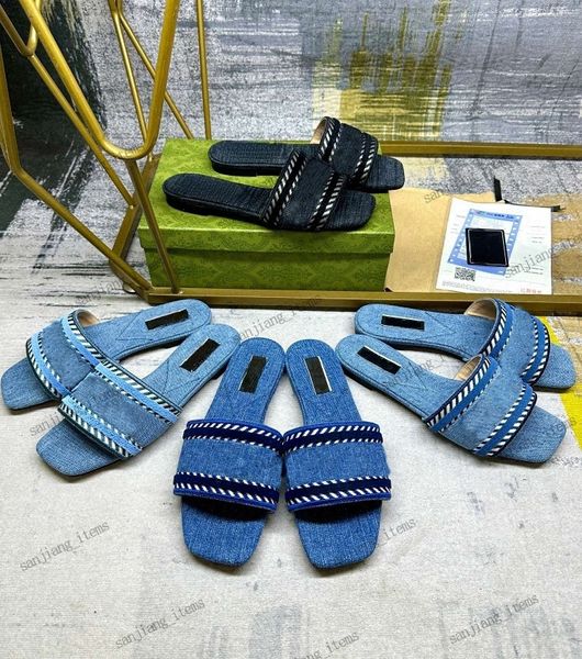 Fashion broderie sandales denim slipper glissade sur toile toile chaussures chaussures femme bleu clair 35-42 mules designer plage brodée