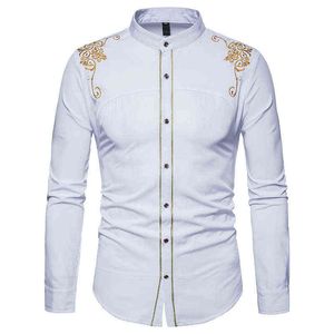 Mode broderie chemise hommes 2022 printemps automne nouveau col Mandarin à manches longues robe chemise hommes mariage smoking chemises mâle XXL L220704