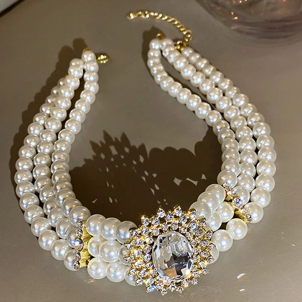 Mode européenne et américaine exagérée rétro bijoux incrusté strass cristal multi-rangée perle court collier ras du cou femmes 240315