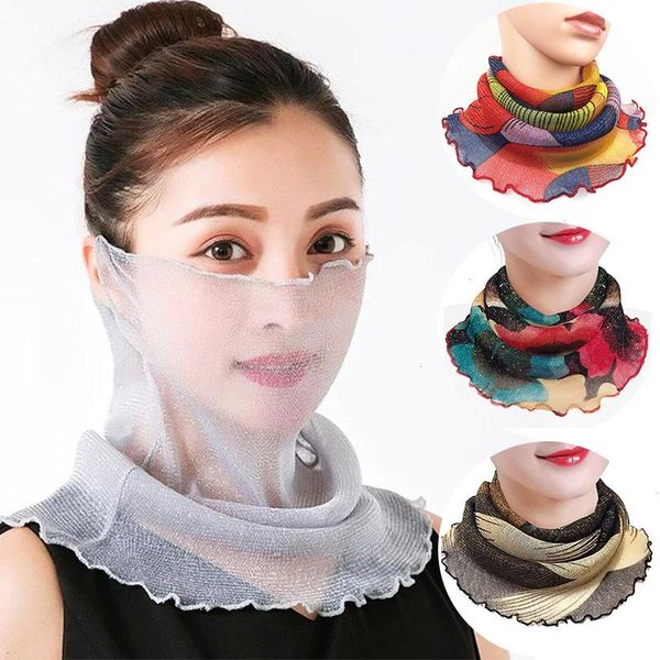 Moda cara cubierta máscaras bufandas mujeres seda babero cuello protección solar colgante oreja velo bufanda de verano diadema de malla