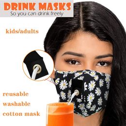 Masque facial de mode Masque à boire avec trou pour paille Coupe-vent Masques de créateurs anti-poussière Réutilisable Masque en coton lavable Filtres PM2.5