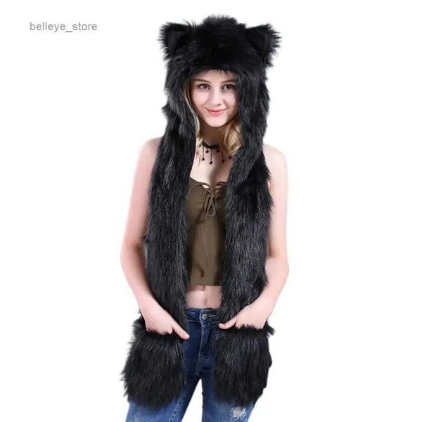 Mascarillas de moda Cuello Polaina 3 en 1 Mujeres Hombres Fluffy Felpa Animal Lobo Leopardo Capucha Bufanda Sombrero con patas Mitones Guantes Espesar Invierno Cálido Orejera Bombardero CapL231223