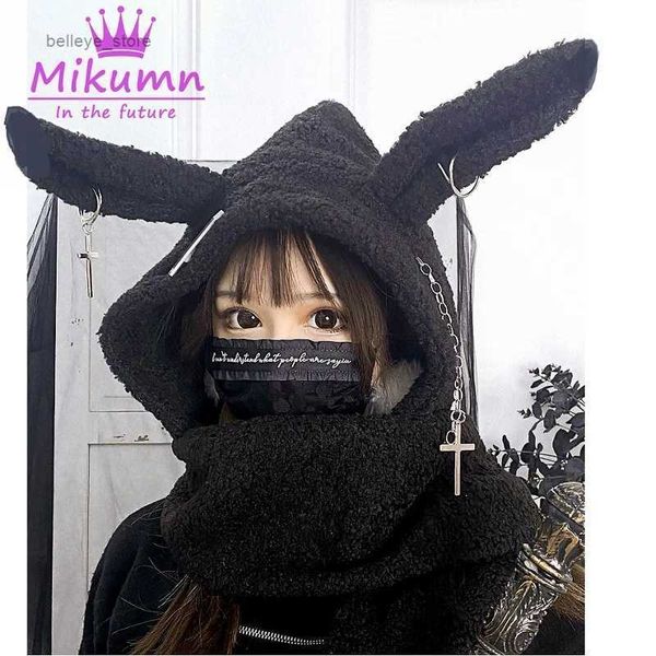 Mascarillas de moda Cuello Polaina Japonés Harajuku Chicas Largo Conejo Oreja Sombrero Gótico Negro Cruz Cadena Lana de cordero Invierno Cálido Bufanda con capucha Gorras StreetwearL231223