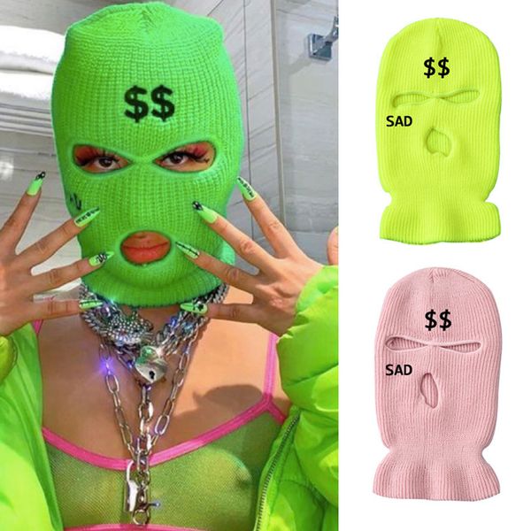 Mode Masques Visage Cache-Cou Vert Néon Balaclava Chapeau Mode Femmes Triste Dollar Broderie Trois Trous Masque De Ski Couverture Complète Chaud Tricoté Armée Tactique Masque 230717