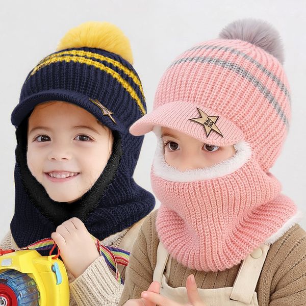 Mode Masques Visage Cache-Cou Hiver Bébé Enfants Mignon Tricoté En Peluche Écharpe Chapeau Deux Pièces Double Polaire Chaleur Garçons Filles Doux En Plein Air Coupe-Vent Chapeau Enfants Chapeau 230719