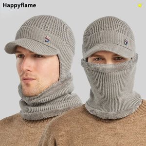 Masques de visage de mode Cache-cou Chapeau d'hiver avec écharpe Ensemble Skullies Bonnets pour hommes Chapeau tricoté Femmes Masque Épaissir Cagoule Cache-oreilles Bonnet en laine Tube de cou mâle 231124