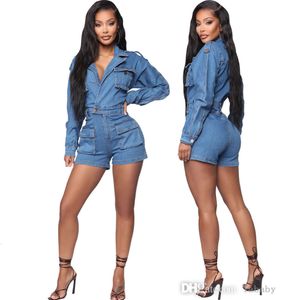 Mode herfst denim jumpsuits voor dames bodysuit effen kleur revers hals jeans vest met lange mouwen en shorts met riem rompertjes jumpsuit outfits