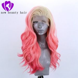 Mode expédition rapide blonde ombre rose partie latérale droite longue synthétique sans colle avant perruque de lacet pour femme noire cosplay perruque de cheveux
