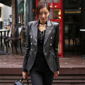 Mode faux lederen jas vrouwen herfst winter lange mouw dubbele breasted slanke zwarte biker bovenkleding 210519