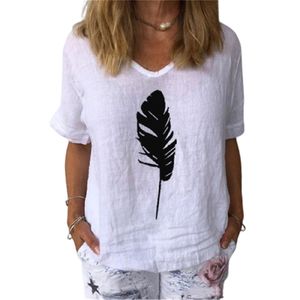 Fashion Feather Print katoen en hennep witte top dames t-shirt zomer casual v-neck korte mouw grijze t-shirt dames tees 220511