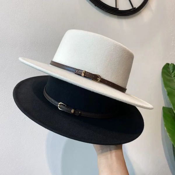 Mode Fedora Blanc Noir Large Bord Fedora Chapeau Dames Imitation Laine Feutre Chapeaux avec Ceinture En Cuir Décor Panama Jazz Cap 231226