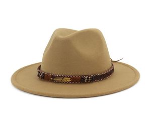 Fashion Felt Hat Cool Design National Style Grand en cuir Femmes Men Wide Wide Brim Bowler Derby Jazz ethnique Fedora Hat Panama Gambler H5974830