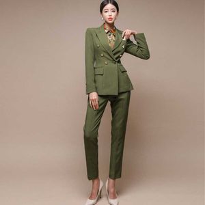 Mode femme 2 pièces ensemble femmes Blazer double boutonnage Slim veste et crayon pantalon costume dames travail 210529