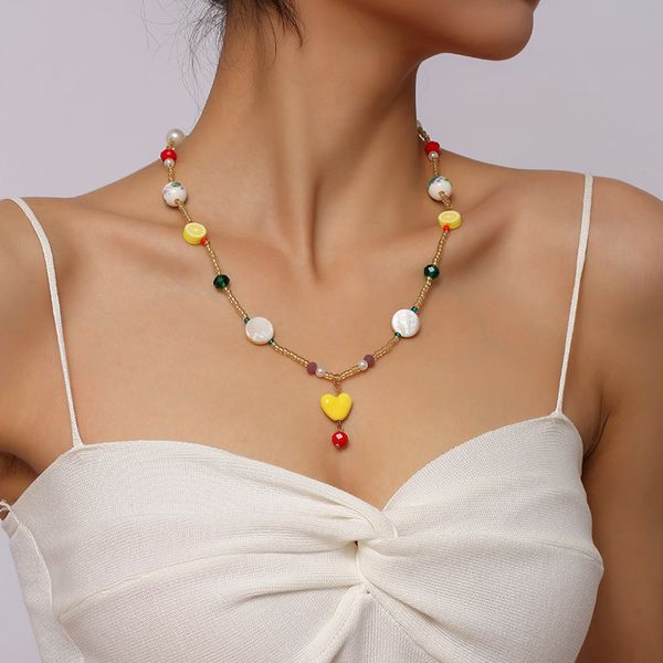 Mode femme cristal verre céramique perles séparées à la main perlé jaune coeur pendentif longs colliers pour femmes bijoux cadeau