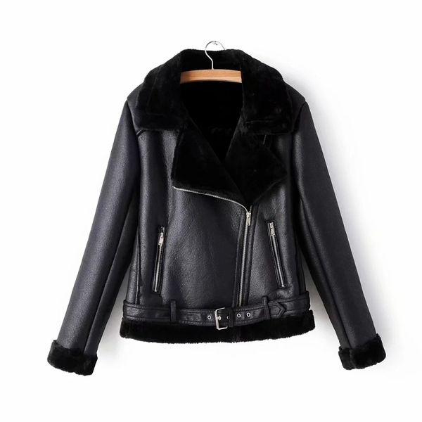 Chaquetas con cuello de piel para mujer, chaqueta de cuero PU para mujer, abrigos con cinturón para moto, abrigo negro para chicas jóvenes 210427