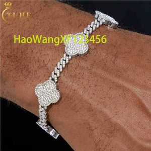 Fashion Femme 6mm 925 Sterling Silver VVS Moissanite Diamond Iced Out Lucky Four Leaf Clover Cuban Link armband voor Valentijn