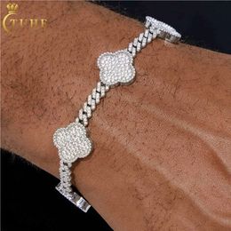 Fashion Femme 6 mm Sterling Vvs Moisanite Diamond Iced Out Lucky Four Leaf Clover Cuban Link Bracelet pour Valentin
