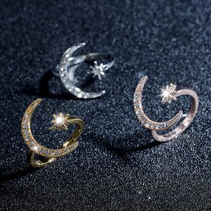 Mode vinger ring zilveren kleur ster maan ringen voor vrouwen trouwfeest sieraden glans kristal metalen bloem openen anillo anillo