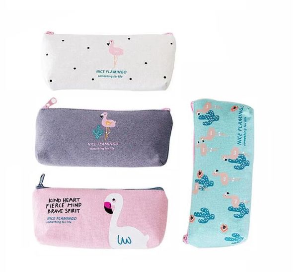 Moda Flamingo Canvas Pencil Bag niños papelería Organizador de almacenamiento Estuche para bolígrafos Bolsas estudiante cremallera grande Lápices Bolsa Útiles escolares Material de oficina de estilo coreano