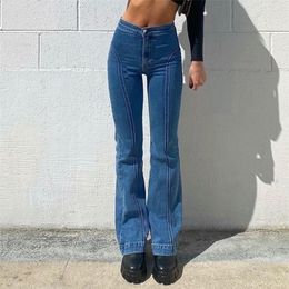 Fashion Flare Pants Skinny Full Length Dames Ins Street Style Retro Slim Bell Bottoms Blue Jeans Close Fitting Pants 210302