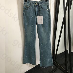 Mode Uitlopende Jeans Vrouwen Brief Afdrukken Denim Broek Hoge Taille Gouden Gesp Jeans Designer Blue Bell Bottoms