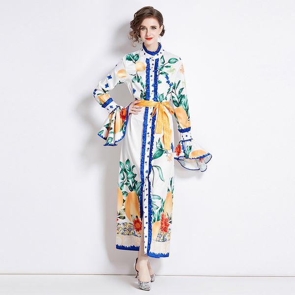 Mode évasée à manches longues femmes robe maxi avec ceinture printemps automne col montant imprimé floral cardigan robe longueur au sol robes de soirée