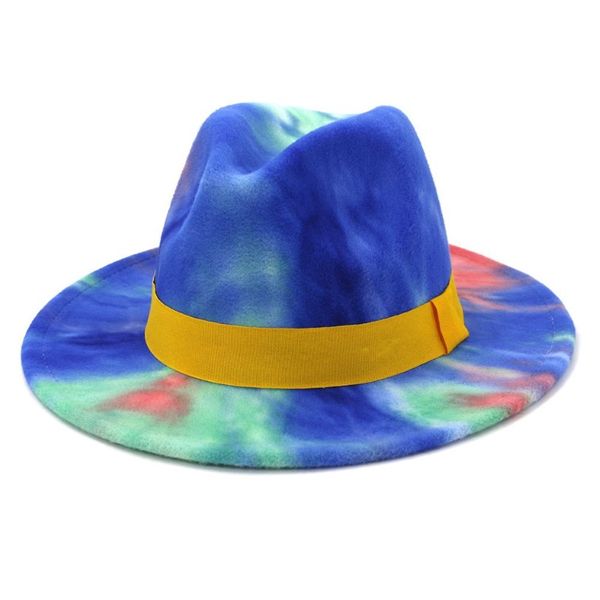 Mode plat bord Jazz feutre chapeau nouveauté à la mode dame coloré cravate colorant Panama fausse laine Fedora chapeau casquette avec bande jaune 2628