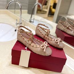 Zapatos planos de moda para mujer bailarina de malla con cristales diseñador de lujo calidad espejo zapatos de vestir detalle de lazo de tela correas de piel de becerro y adornos talla grande 35-42