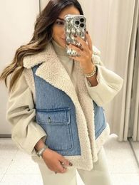 Mode polaire revers Denim gilet pour femmes hiver sans manches Patchwork poches gilet femme élégant laine d'agneau chaud Chic hauts 240109