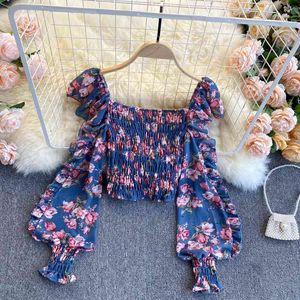 Mode Floral en mousseline de soie Vintage blouse femmes hauts sauvage col carré stretch mince manches courtes bouffantes impression chemise marée femmes 210420