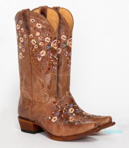 Mode Bloemen Geborduurde Cowgirl Kniehoge Lederen Vintage Rijschoenen Laarzen Dames8759307