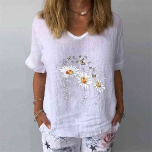 Mode Floral Grafische Tee Oversized T-shirt Korte Mouw T-shirt Dames Losse Streetwear Woman V-hals Chrysanthemum Gedrukt 210623