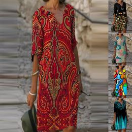Plus Size Jurken Mode Bloemenprint Afrikaanse Jurk Vrouwen Zomer V-hals Half Mouw Vrouwelijke Litera Vintage Losse Vestidos