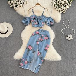 Fashion Floral Impresión Falda de mezclilla Conjunto de spaghetti Store Tops Irregular Slim Splim Summer Women 2 PCS Suits 240401