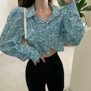 Mode Floral Print Shirts Blouse Women Turn Down Collar Long Puff Sleeve Tops Vrouwelijke elegante kleding 210529